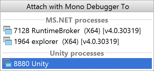 Attach to Unity process to debug