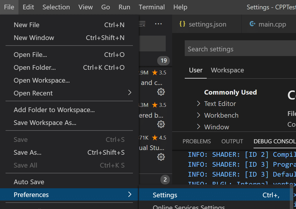 Menú de configuración de preferencias de archivo en código de Visual Studio