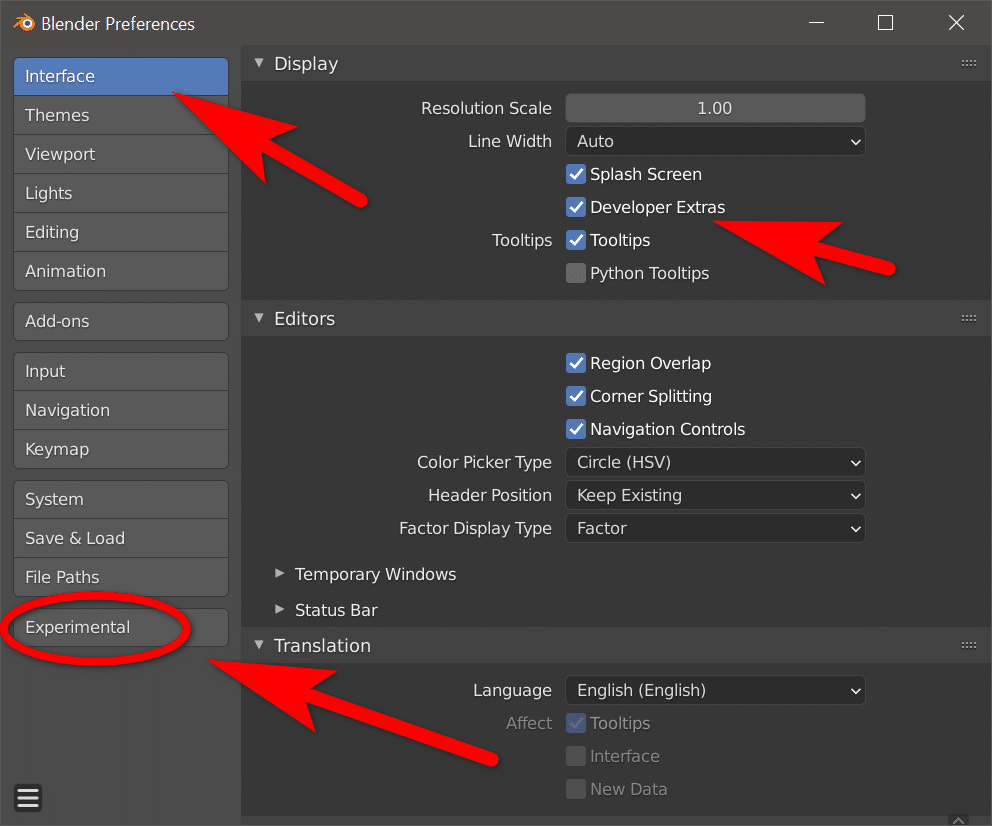 Enabling developer mode and experimental in Blender