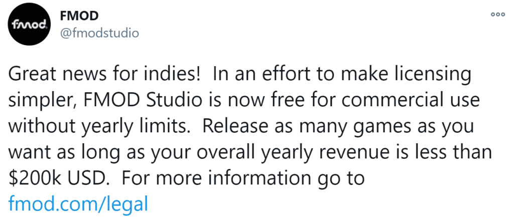 FMOD Free indie license tweet.