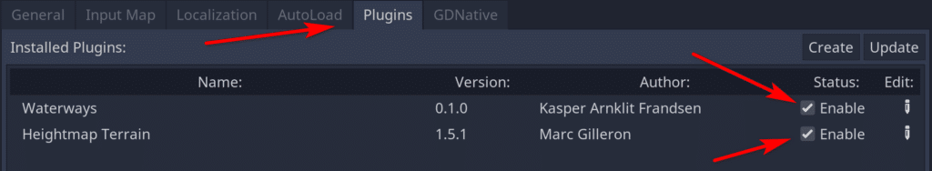 Enabling Godot Waterways & Heightmap Terrain Plugins