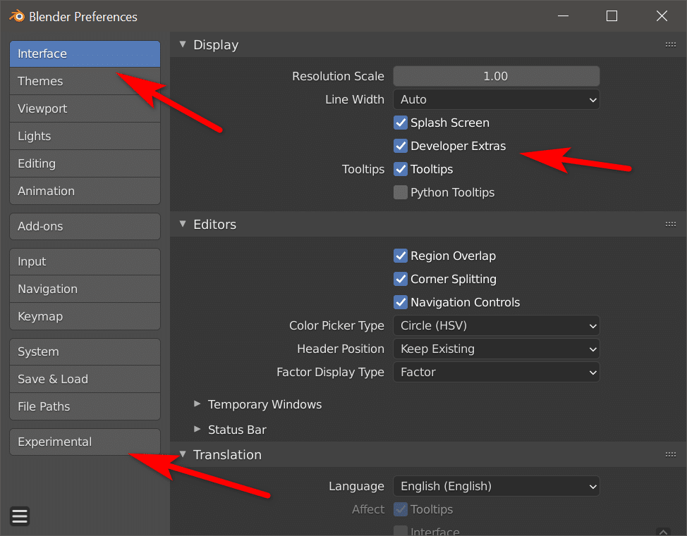 Enabling Developer Mode/Experimental Features in Blender 2.9