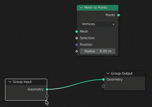 Conexión de la malla del nodo de geometría a los puntos para agrupar la entrada en Blender