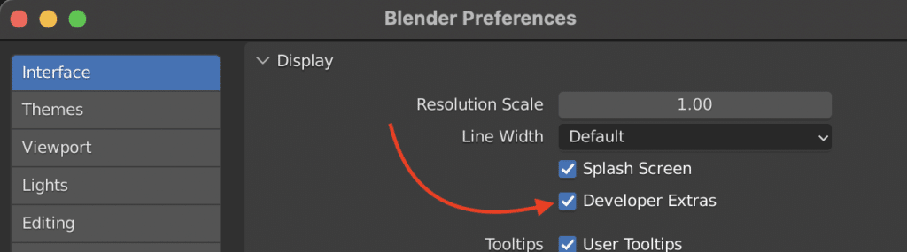 Enabling Developer Extras in Blender