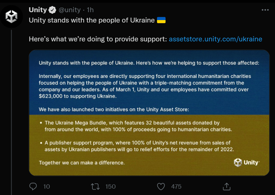Unity Tweet about Ukraine Charity Mega Bundle