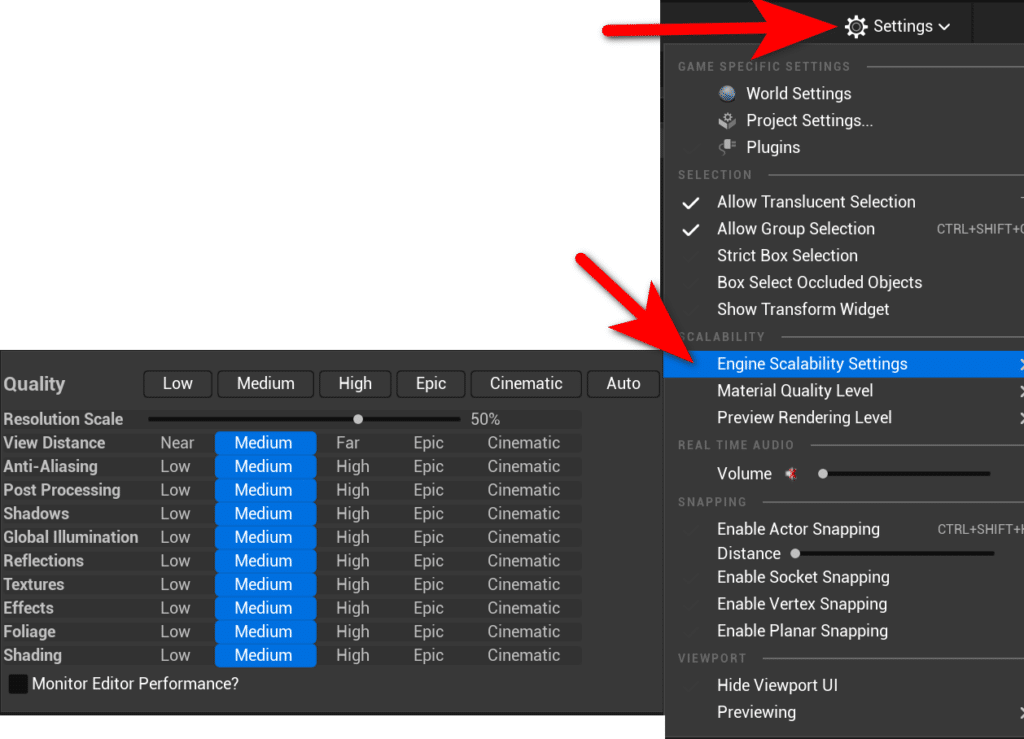 Adjusting the engine scaling settings in Urneal Engine 5 UE5