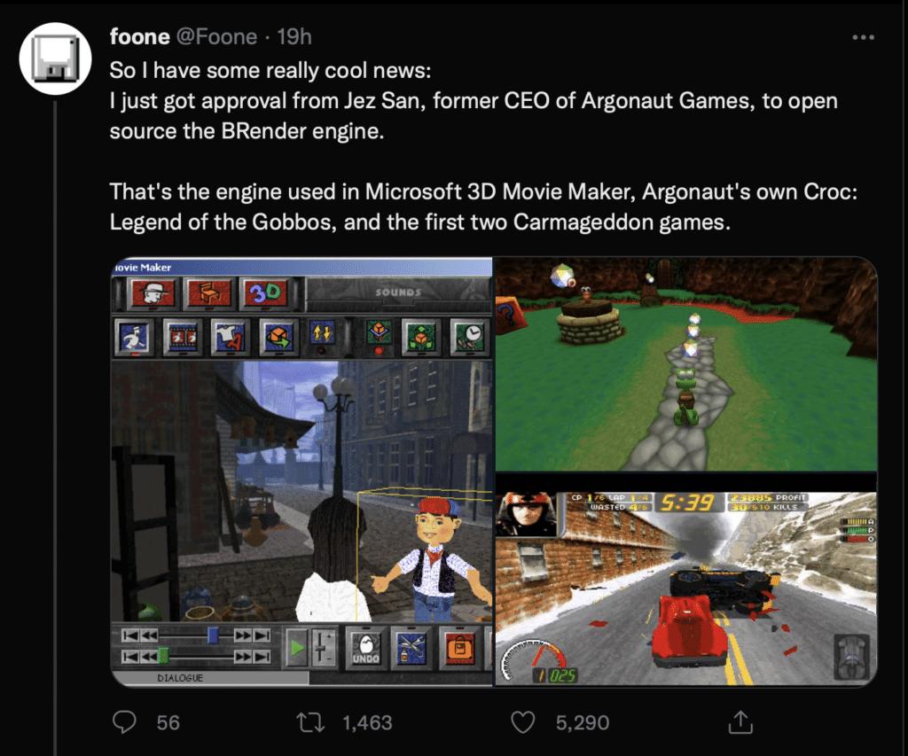 foone Tweet about open sourcing of Argonaut games Brender or Blazing Render gaming engine