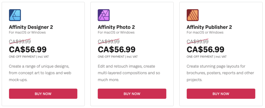 Affinity Designer 2, Photo 2 and Publisher 2 individual pricing