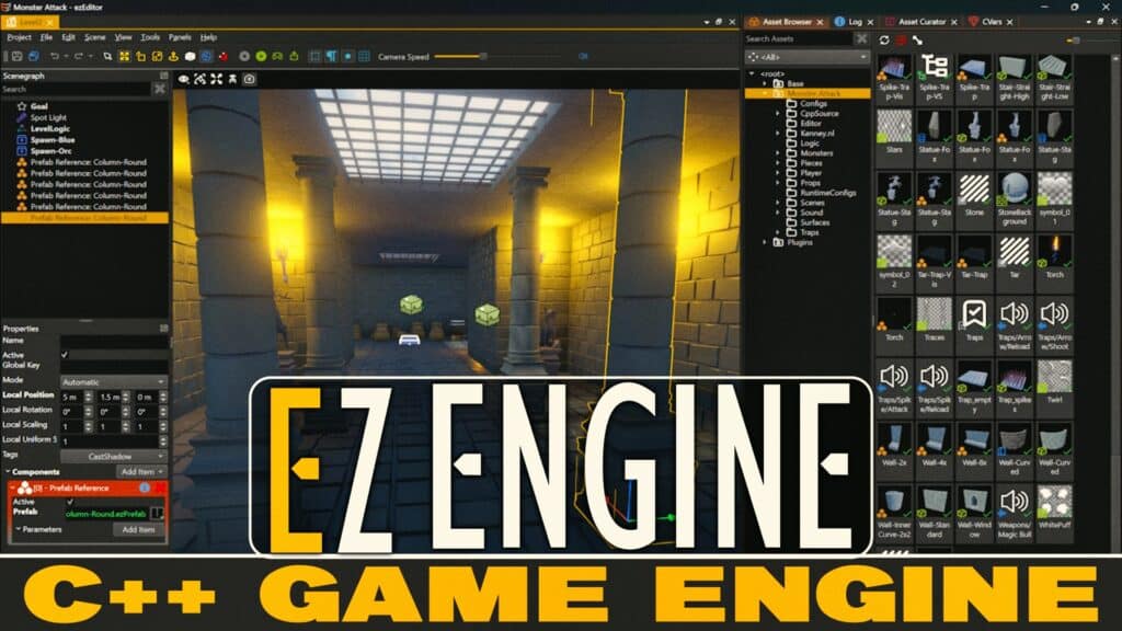 The ezEngine is a C++ powered open-source game engine for Windows supporting Mac and Linux with visual and AngelScript scripting support